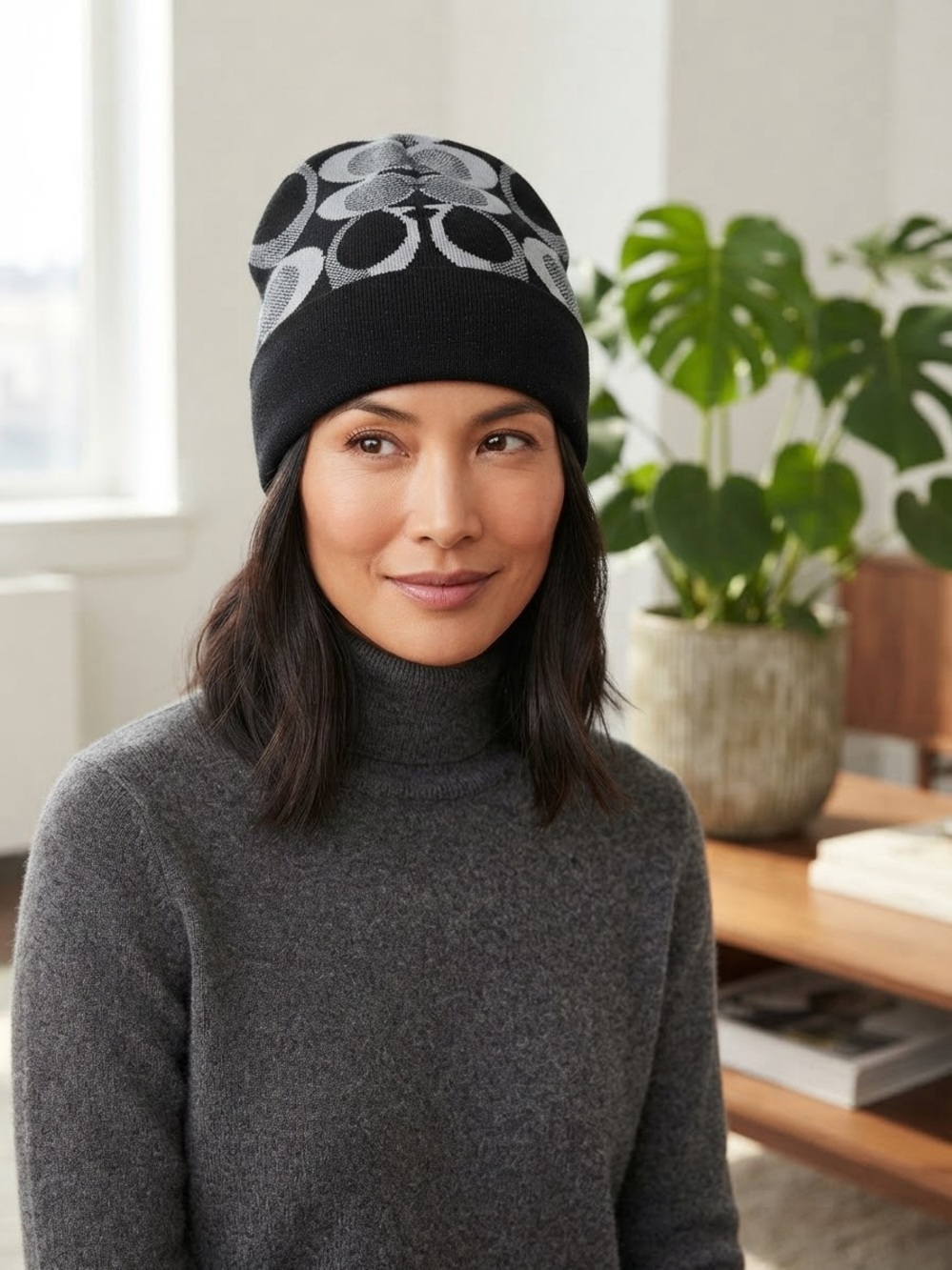 Coach Black and Gray Signature Knit Beanie